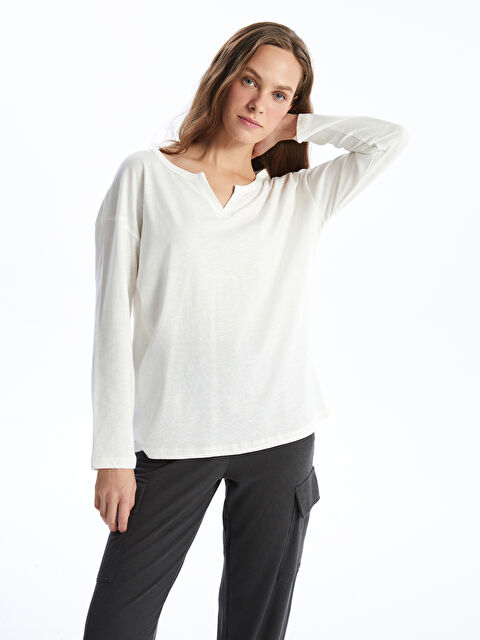 LCW DREAM Kaçık Yaka Düz Uzun Kollu Kadın Pijama Üst - W4AH93Z8-EEW