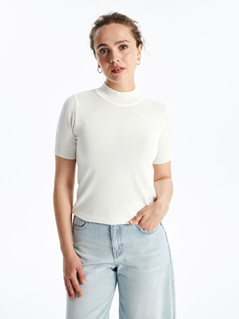 LCW Modest Dik Yaka Düz Kısa Kollu Kadın Triko Kazak - W4AJ23Z8-EEW