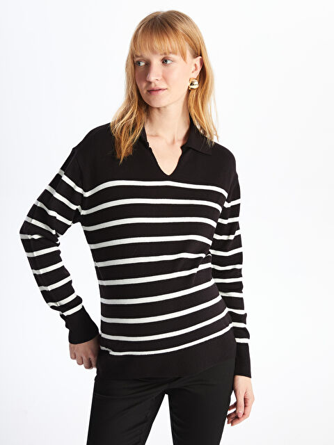 LCWAIKIKI Maternity Polo Yaka Çizgili Uzun Kollu Hamile Triko Kazak - W4AJ33Z8-LEG