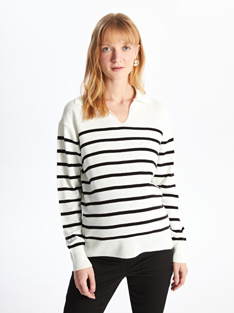 LCWAIKIKI Maternity Polo Yaka Çizgili Uzun Kollu Hamile Triko Kazak - W4AJ33Z8-LFC