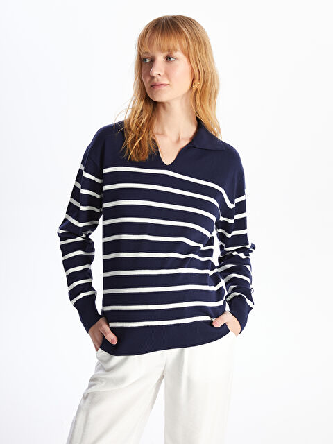 LCWAIKIKI Maternity Polo Yaka Çizgili Uzun Kollu Hamile Triko Kazak - W4AJ33Z8-LGS