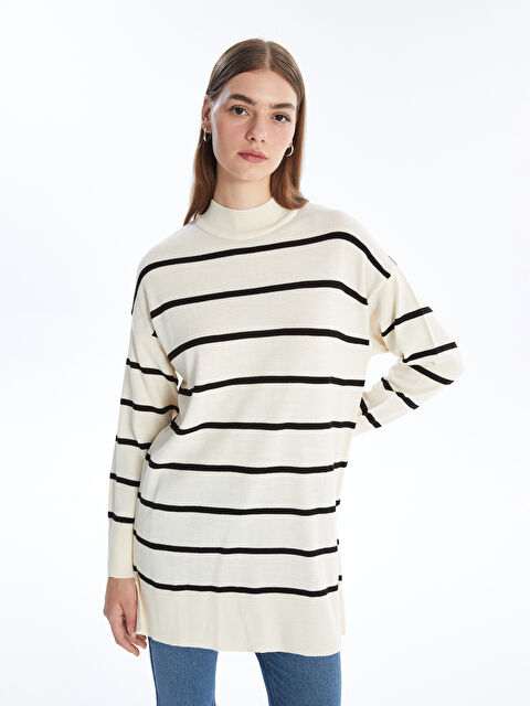 LCW Modest Yarım Balıkçı Yaka Çizgili Uzun Kollu Kadın Triko Tunik - W4AJ42Z8-LFC