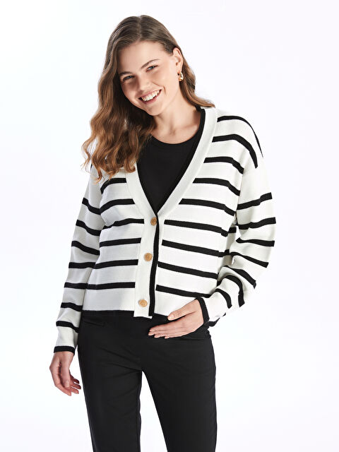 LCW Comfort V Yaka Çizgili Uzun Kollu Kadın Triko Hırka - W4AJ76Z8-LEG