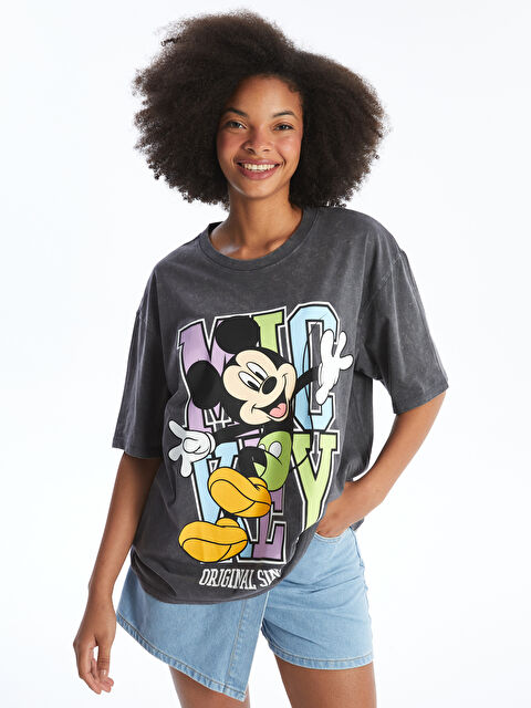 XSIDE Bisiklet Yaka Mickey Mouse Baskılı Kısa Kollu Oversize Kadın Tişört - W4AL12Z8-DC4