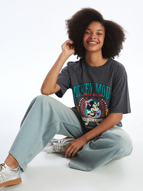 XSIDE Bisiklet Yaka Mickey Mouse Baskılı Kısa Kollu Kadın Tişört - W4AL13Z8-DC4