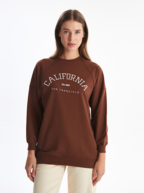 LCW Modest Bisiklet Yaka Baskılı Oversize Kadın Sweatshirt Tunik - W4AN41Z8-R3D