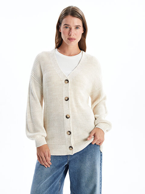 LCW Modest V Yaka Kendinden Desenli Uzun Kollu Kadın Triko Hırka - W4AP24Z8-FRC