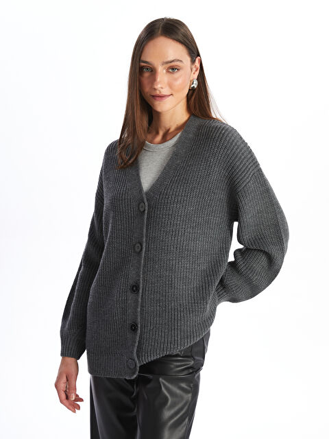 LCW Modest V Yaka Kendinden Desenli Uzun Kollu Kadın Triko Hırka - W4AP24Z8-H0M