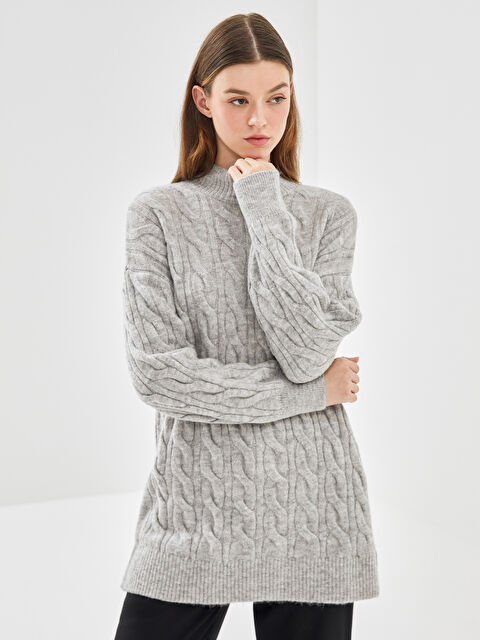 LCW Modest Dik Yaka Kendinden Desenli Kadın Triko Tunik - W4AP38Z8-JMD