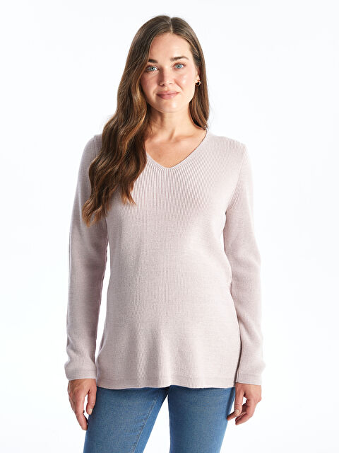 LCWAIKIKI Maternity V Yaka Düz Uzun Kollu Hamile Triko Kazak - W4AV58Z8-FKK