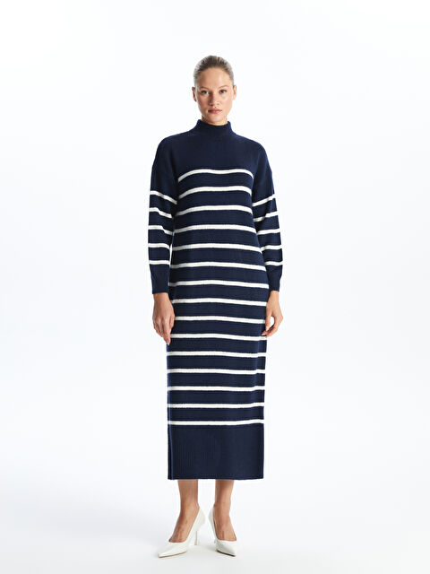 LCW Modest Yarım Balıkçı Yaka Çizgili Kadın Triko Elbise - W4AV77Z8-SZ5