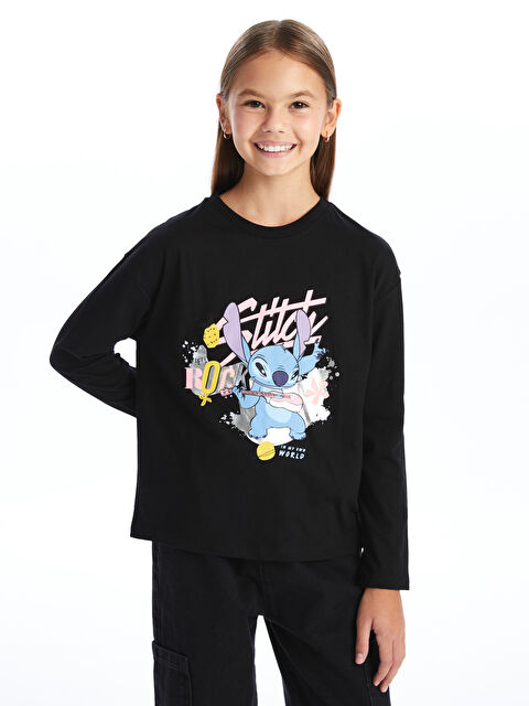 LCW Kids Bisiklet Yaka Lilo ve Stitch Baskılı Uzun Kollu Kız Çocuk Tişört - W4AY67Z4-CVL