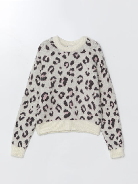 LCW Kids Bisiklet Yaka Leopar Desenli Kız Çocuk Triko Kazak - W4BC16Z4-MJR