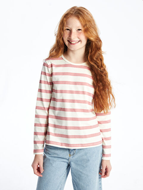 LCW Kids Bisiklet Yaka Çizgili Uzun Kollu Kız Çocuk Tişört - W4BD98Z4-LHJ