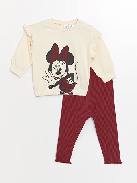 LCW baby Bisiklet Yaka Uzun Kollu Minnie Mouse Baskılı Kız Bebek Sweatshirt ve Tayt 2'li Takım - W4BG02Z1-FDL