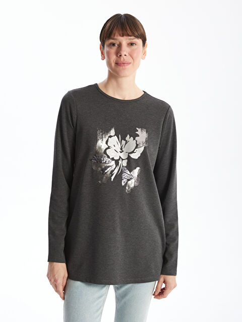 LCWAIKIKI Basic Bisiklet Yaka Baskılı Kadın Tişört - W4BG17Z8-L8N