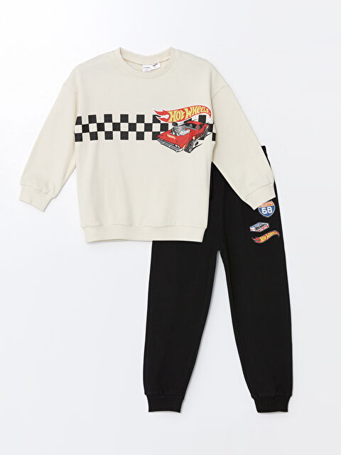 LCW Kids Bisiklet Yaka Uzun Kollu Hot Wheels Baskılı Erkek Çocuk Sweatshirt ve Eşofman Alt 2'li Takım - W4BG29Z1-QVK
