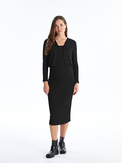 LCW Comfort Bisiklet Yaka Elbise ve Hırka Takım