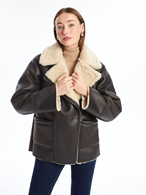 LCWAIKIKI Classic Biker Yaka Kadın Deri Görünümlü Mont - W4BJ68Z8-HDM