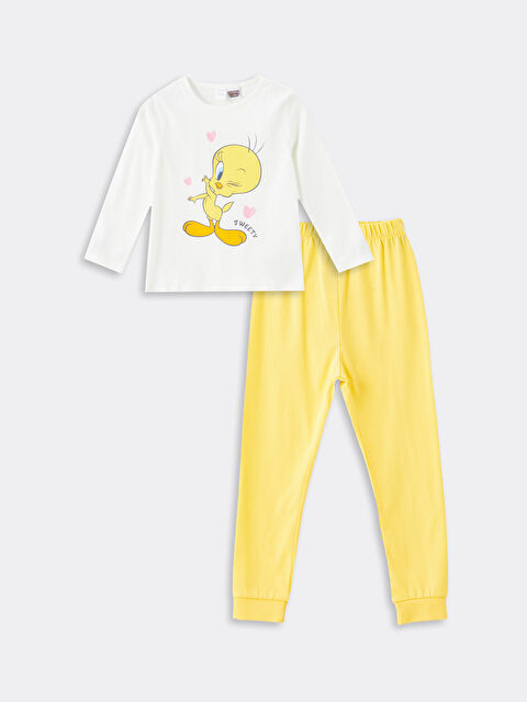 LCW baby طقم بيجاما للبنات الصغار برقبة دائرية وكم طويل مطبوع بشخصية تويتي - W4BU32Z1-FDU