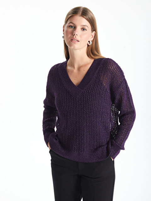 LCWAIKIKI Classic V Yaka Ajurlu Uzun Kollu Kadın Triko Kazak - W4CC80Z8-HHZ