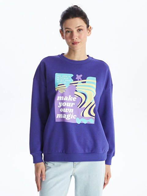 LCW ECO Bisiklet Yaka Baskılı Uzun Kollu Oversize Kadın Kalın Sweatshirt - W4CJ97Z8-SND