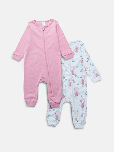 LCW baby Crew Neck Long Sleeve Printed Baby Girls Jumpsuit 2 Pack - W4CK04Z1-LRA