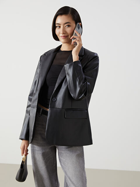 LCW Vision Düz Uzun Kollu Deri Görünümlü Kadın Blazer Ceket - W4CN30Z8-CVL