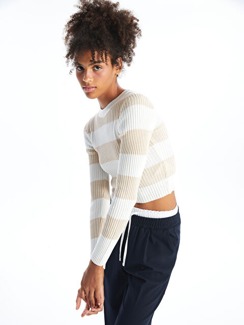 XSIDE Bisiklet Yaka Çizgili Uzun Kollu Crop Kadın Triko Kazak - W4CN96Z8-YHZ