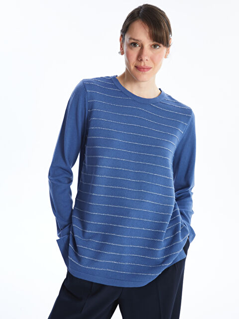 LCW Grace Bisiklet Yaka Çizgili Uzun Kollu Kadın Triko Kazak - W4CO18Z8-HRQ