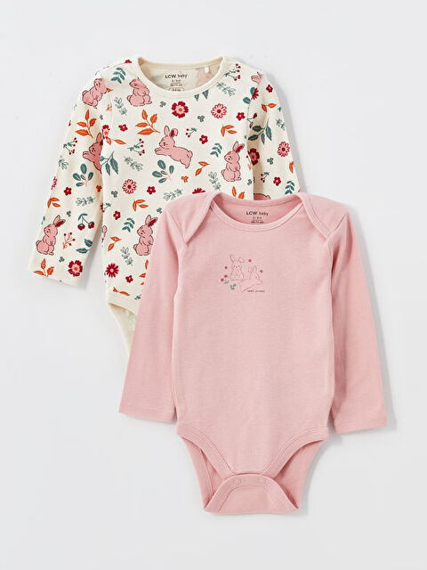 LCW baby Bisiklet Yaka Uzun Kollu Baskılı Kız Bebek Çıtçıtlı Bodysuit 2'li - W4CQ16Z1-LRB