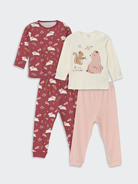 LCW baby Crew Neck Long Sleeve Printed Baby Girls Pyjama Set 2 Pack - W4CU64Z1-FDL