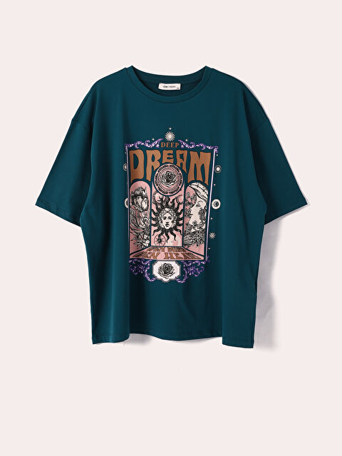 LCW Vision تيشيرت نسائي واسع الحجم بطبعة برقبة دائرية وأكمام قصيرة - W4CY72Z8-M97