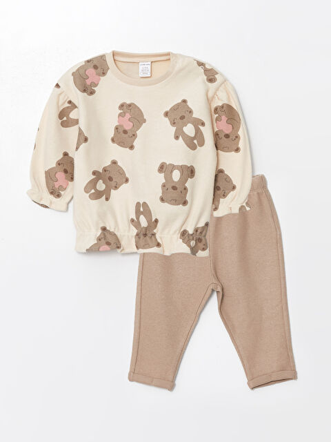 LCW baby Bisiklet Yaka Uzun Kollu Baskılı Kız Bebek Sweatshirt ve Eşofman Alt 2'li Takım - W4CY91Z1-LQA