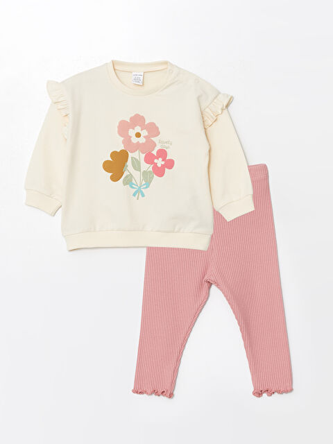 LCW baby Bisiklet Yaka Uzun Kollu Baskılı Kız Bebek Sweatshirt ve Tayt 2'li Takım - W4CY95Z1-FDL