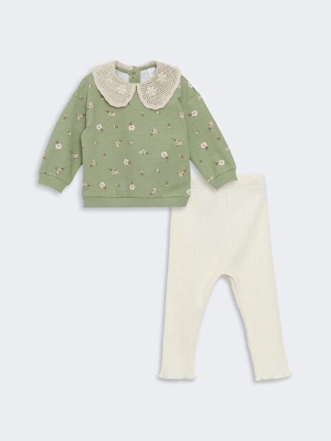 LCW baby Bebe Yaka Uzun Kollu Baskılı Kız Bebek Sweatshirt ve Tayt 2'li Takım - W4DD51Z1-FDL