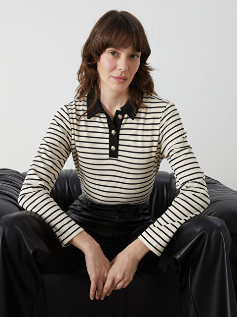 LCWAIKIKI Basic Polo Yaka Çizgili Kadın Tişört - W4DE78Z8-LEG