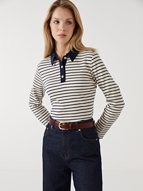 LCWAIKIKI Basic Polo Yaka Çizgili Kadın Tişört - W4DE78Z8-LGS