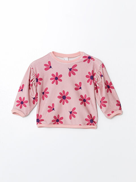 LCW baby Bisiklet Yaka Çiçekli Kadife Kız Bebek Tişört - W4DN00Z1-LT4
