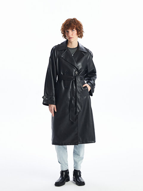 LCW Vision Ceket Yaka Düz Deri Görünümlü Kadın Trençkot - W4DY33Z8-CVL