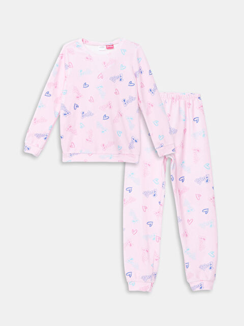 LCW Kids Bisiklet Yaka Barbie Desenli Kadife Kız Çocuk Pijama Takımı - W4EA07Z4-LT4