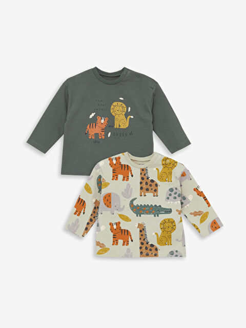 LCW baby Crew Neck Long Sleeve Printed Baby Boys' T-Shirt 2 Pack - W4EB19Z1-RQA