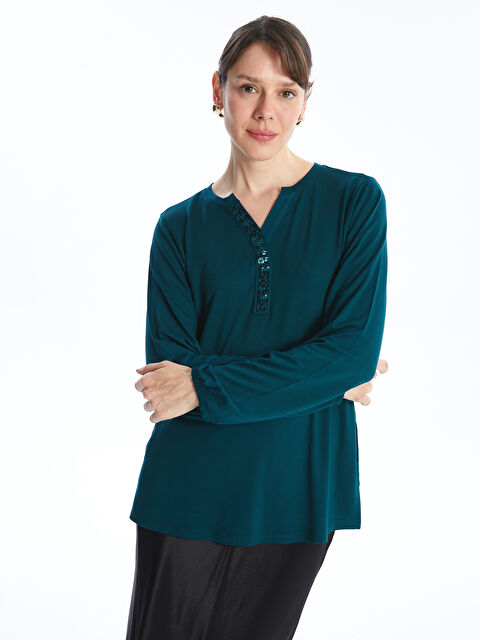 LCW Grace Kaçık Yaka Pul Payetli Uzun Kollu Kadın Bluz - W4ED04Z8-R4Y
