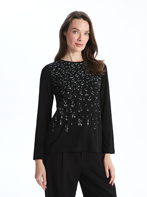 LCW Grace Bisiklet Yaka Desenli Kadın Tişört - W4ED20Z8-CVL