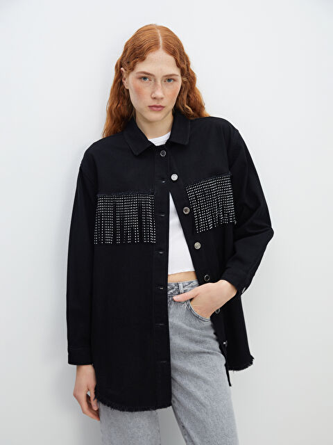 LCWAIKIKI Classic Gömlek Yaka Parlak Taşlı Kadın Jean Ceket - W4EF05Z8-CVL