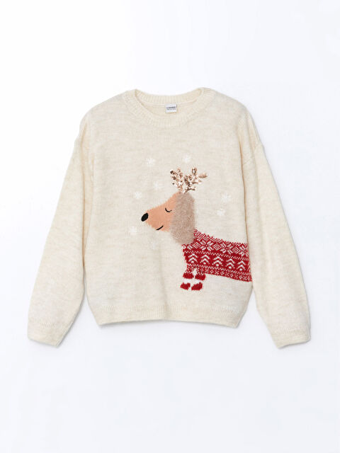 LCW Kids Bisiklet Yaka Yılbaşı Temalı Kız Çocuk Triko Kazak - W4EF27Z4-FDW