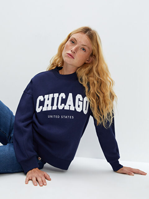 LCW Vision Bisiklet Yaka Baskılı Oversize Kadın Kalın Sweatshirt - W4EF67Z8-HFH