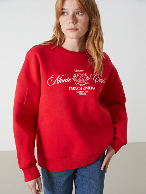 LCW Vision Bisiklet Yaka Baskılı Oversize Kadın Kalın Sweatshirt - W4EF68Z8-KYU