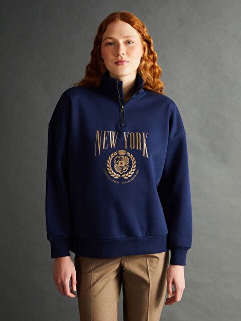 LCW Vision Dik Yaka Baskılı Oversize Kadın Kalın Sweatshirt - W4EF72Z8-R3V