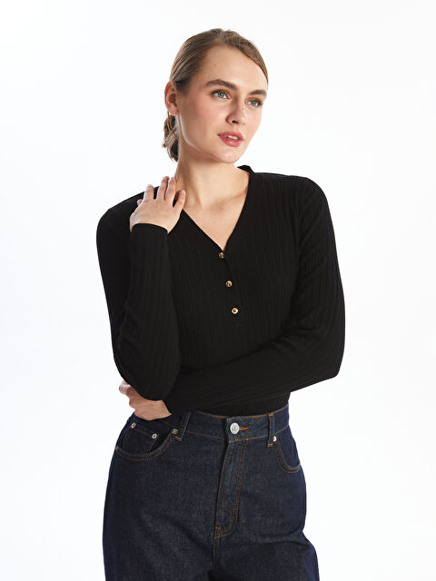 LCWAIKIKI Basic V Yaka Dokulu Kadın Triko Kazak - W4EG65Z8-CVL